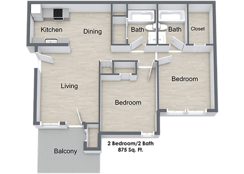 Floor plan for 2 beds, 2 baths, 878 sqft